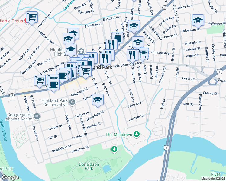 map of restaurants, bars, coffee shops, grocery stores, and more near 208 South 7th Avenue in Highland Park
