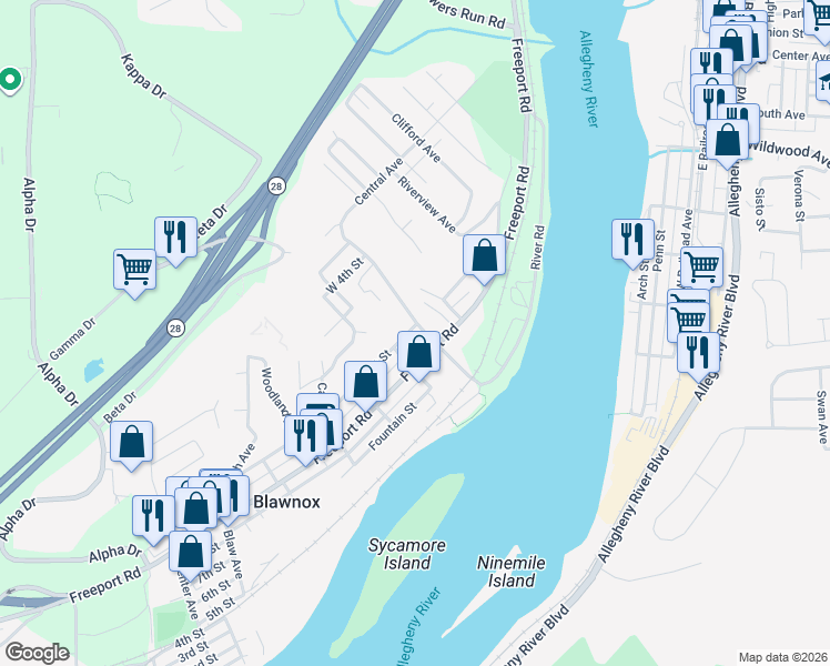 map of restaurants, bars, coffee shops, grocery stores, and more near 921 Boyd Avenue in Pittsburgh