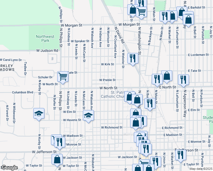 map of restaurants, bars, coffee shops, grocery stores, and more near 1305 North Morrison Street in Kokomo