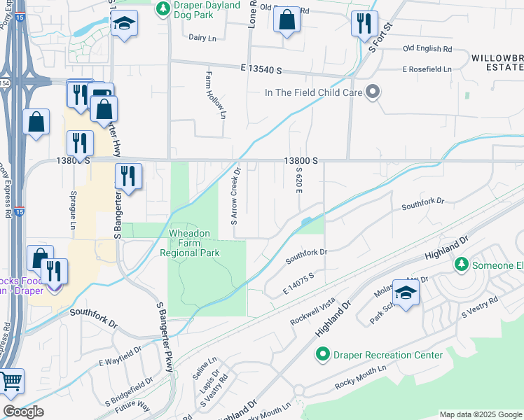 map of restaurants, bars, coffee shops, grocery stores, and more near 13941 Jarvie Lane in Draper