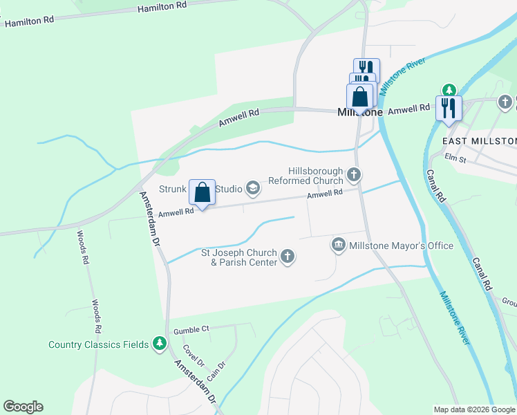 map of restaurants, bars, coffee shops, grocery stores, and more near 82 Amwell Road in Hillsborough Township