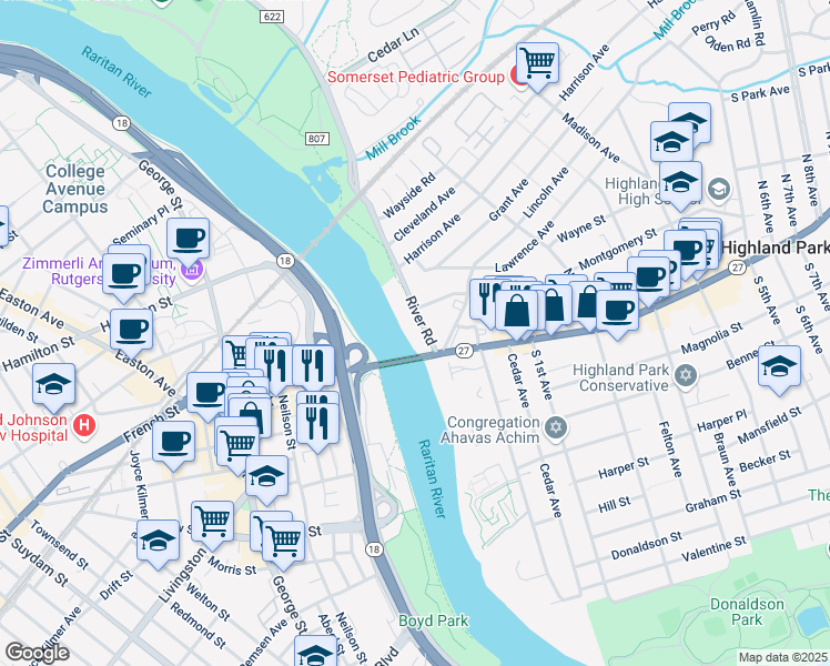 map of restaurants, bars, coffee shops, grocery stores, and more near 20 River Road in Highland Park