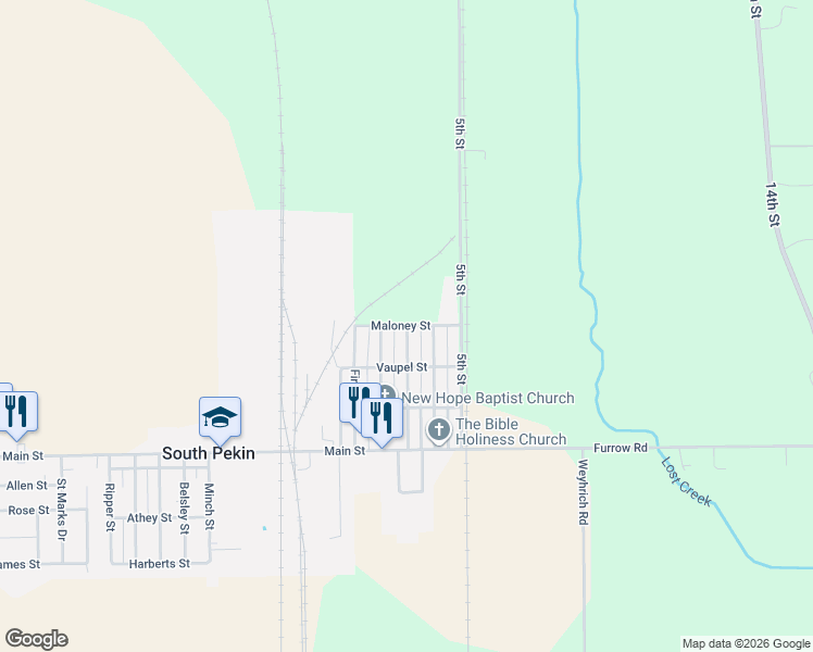 map of restaurants, bars, coffee shops, grocery stores, and more near Maloney Street in South Pekin