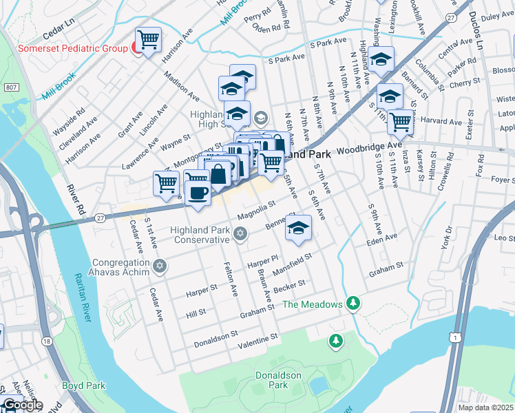 map of restaurants, bars, coffee shops, grocery stores, and more near 38 South 4th Avenue in Highland Park