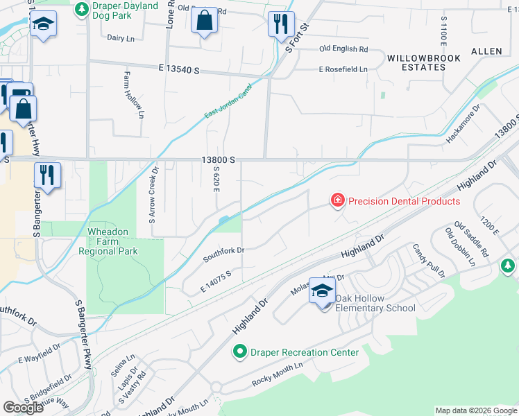 map of restaurants, bars, coffee shops, grocery stores, and more near 731 East corner ridge drive in Draper