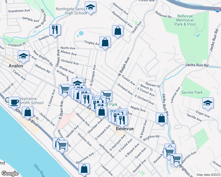 map of restaurants, bars, coffee shops, grocery stores, and more near 103 North Balph Avenue in Pittsburgh