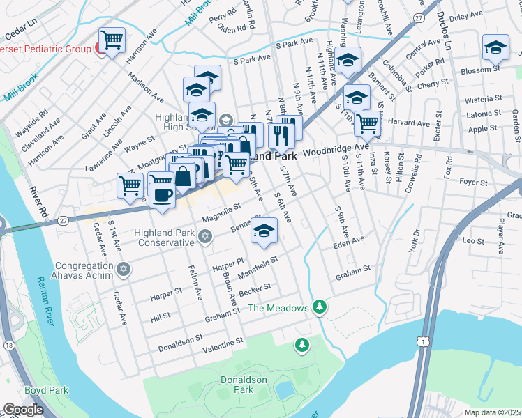 map of restaurants, bars, coffee shops, grocery stores, and more near 424 Magnolia Street in Highland Park