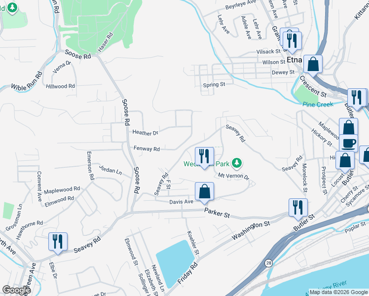 map of restaurants, bars, coffee shops, grocery stores, and more near 96 Fenway Road in Pittsburgh