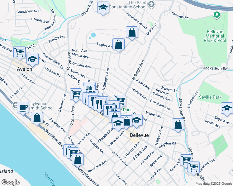 map of restaurants, bars, coffee shops, grocery stores, and more near 535 Dawson Avenue in Pittsburgh