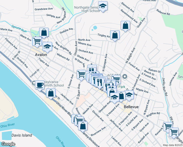 map of restaurants, bars, coffee shops, grocery stores, and more near 57 North Jackson Avenue in Pittsburgh