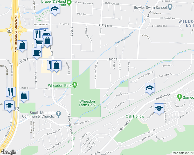 map of restaurants, bars, coffee shops, grocery stores, and more near 13923 South Arrow Creek Drive in Draper