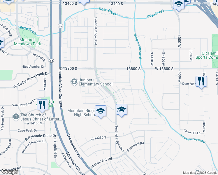 map of restaurants, bars, coffee shops, grocery stores, and more near 13921 Little Ridge Lane in Herriman