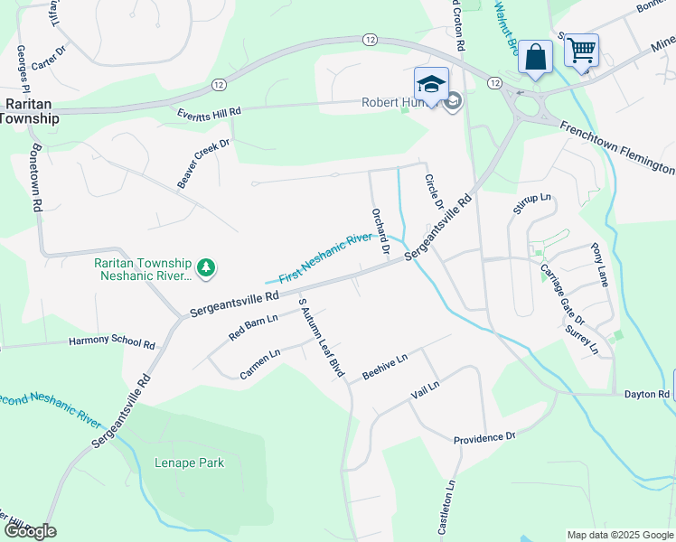 map of restaurants, bars, coffee shops, grocery stores, and more near 48 Sergeantsville Road in Flemington