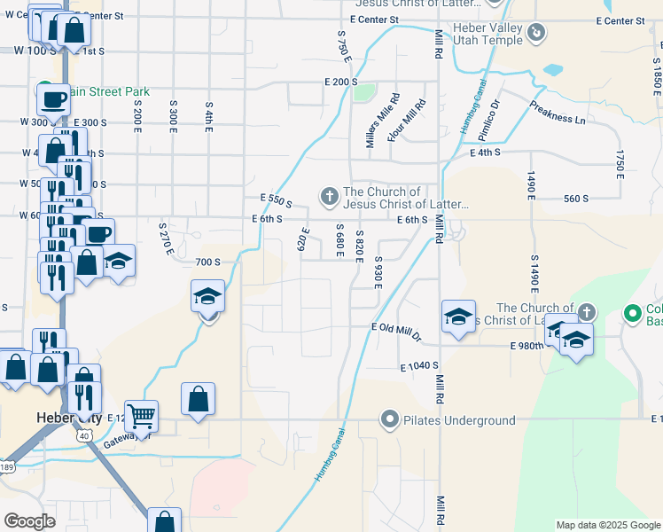 map of restaurants, bars, coffee shops, grocery stores, and more near 668 East 680 South in Heber City