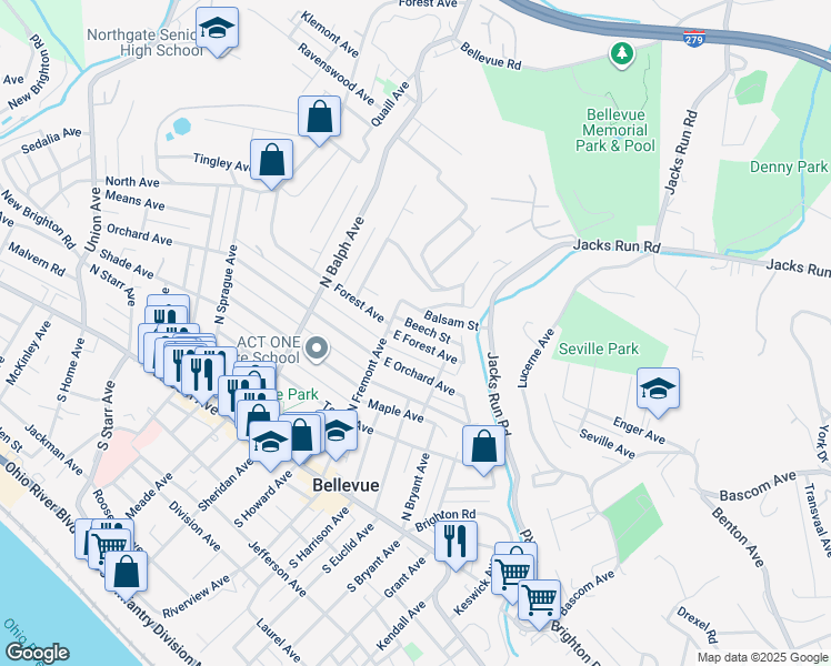 map of restaurants, bars, coffee shops, grocery stores, and more near 13 East Forest Avenue in Pittsburgh