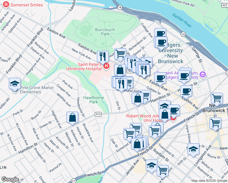map of restaurants, bars, coffee shops, grocery stores, and more near 96 Central Avenue in New Brunswick