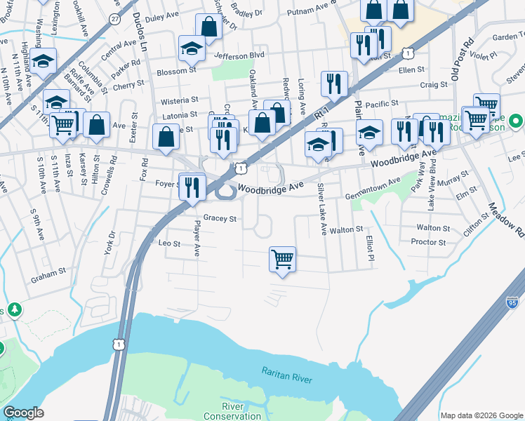map of restaurants, bars, coffee shops, grocery stores, and more near 33 Meeker Avenue in Edison