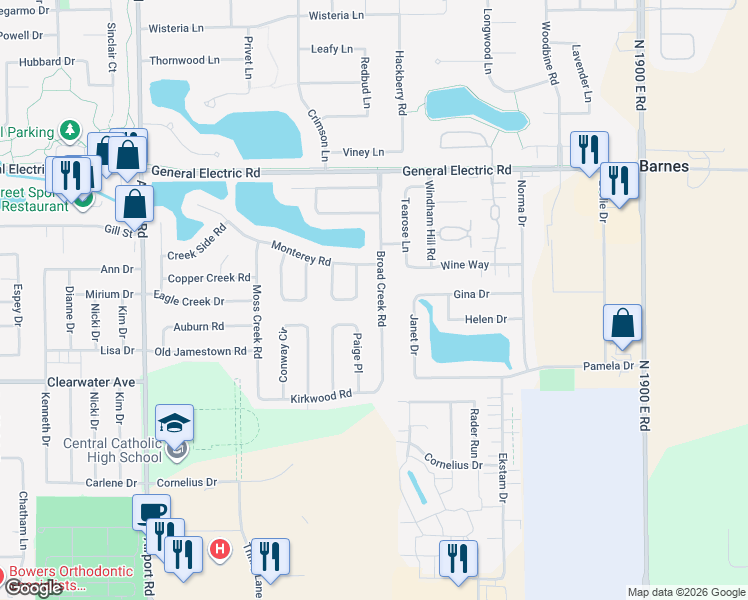 map of restaurants, bars, coffee shops, grocery stores, and more near 1304 Broad Creek Rd in Bloomington