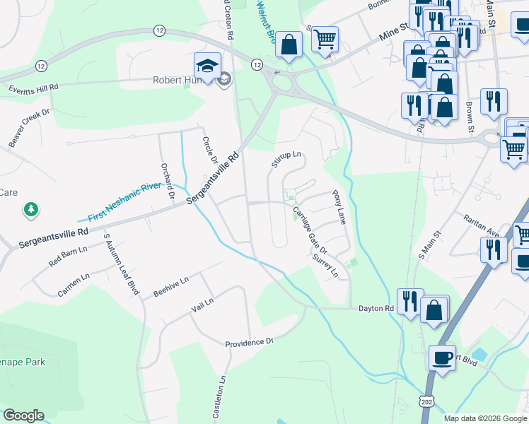 map of restaurants, bars, coffee shops, grocery stores, and more near 4 Colts Lane in Flemington