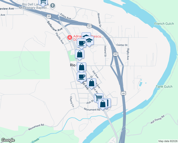 map of restaurants, bars, coffee shops, grocery stores, and more near 554 2nd Ave in Rio Dell