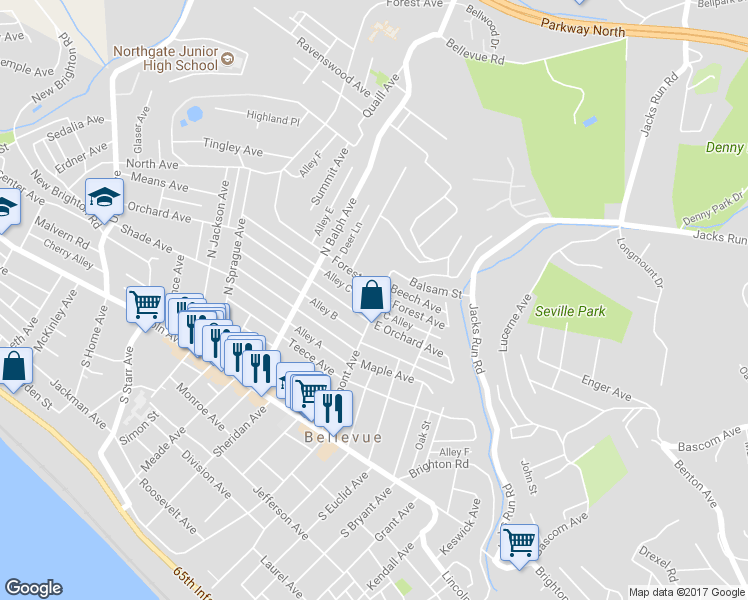 map of restaurants, bars, coffee shops, grocery stores, and more near 147 North Fremont Avenue in Pittsburgh
