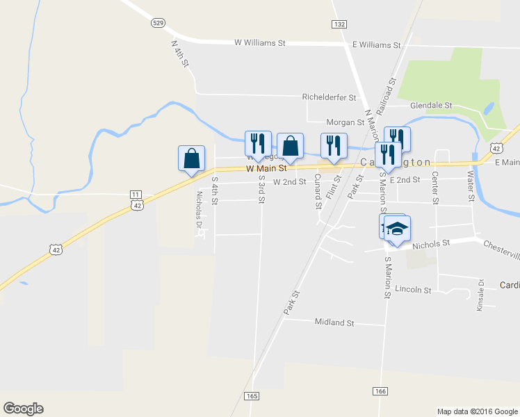 map of restaurants, bars, coffee shops, grocery stores, and more near 137 S 3rd St in Cardington
