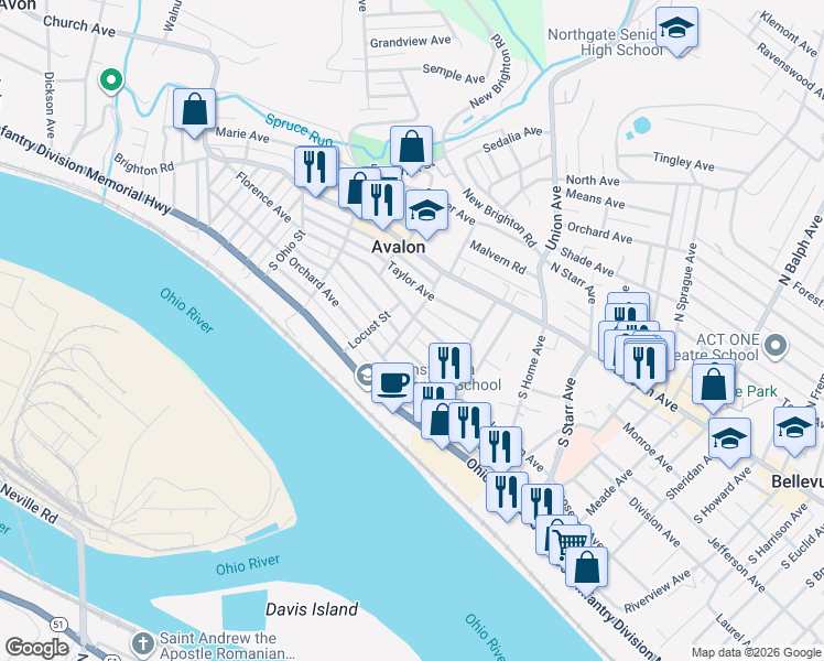 map of restaurants, bars, coffee shops, grocery stores, and more near 240 South Chestnut Street in Pittsburgh
