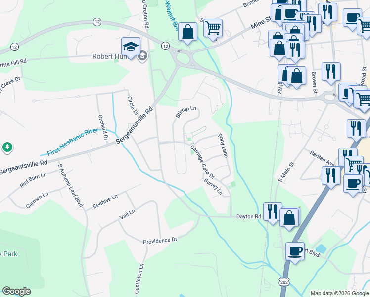 map of restaurants, bars, coffee shops, grocery stores, and more near 44 Colts Lane in Flemington