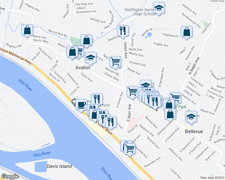 map of restaurants, bars, coffee shops, grocery stores, and more near 342 McKinley Avenue in Avalon