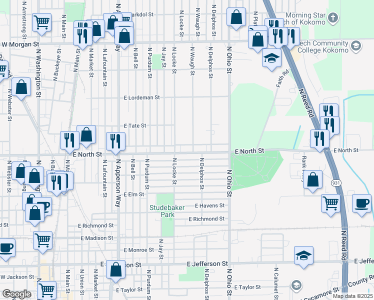 map of restaurants, bars, coffee shops, grocery stores, and more near 922 East North Street in Kokomo