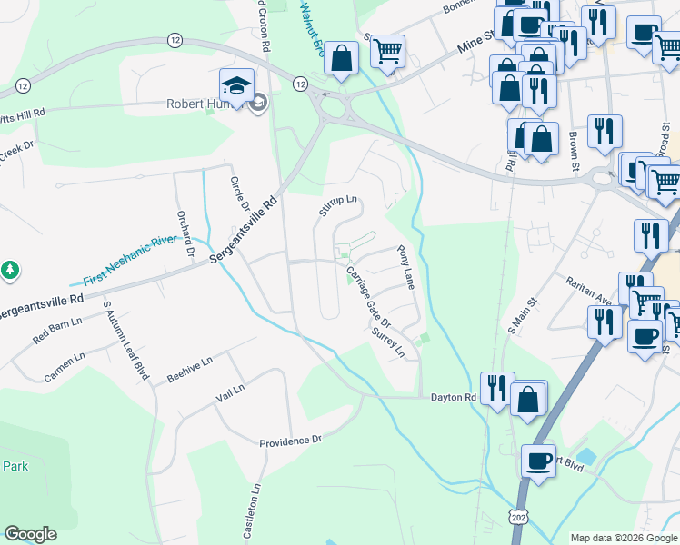 map of restaurants, bars, coffee shops, grocery stores, and more near 44 Colts Lane in Flemington