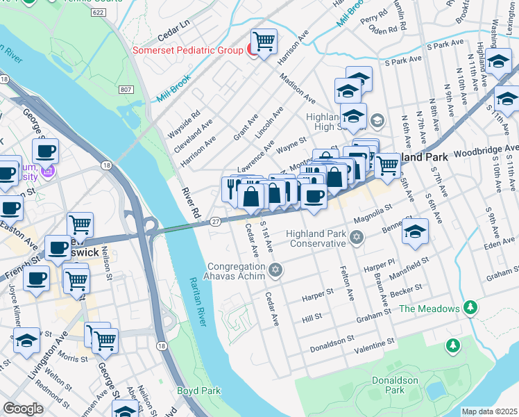 map of restaurants, bars, coffee shops, grocery stores, and more near 85 Raritan Avenue in Highland Park
