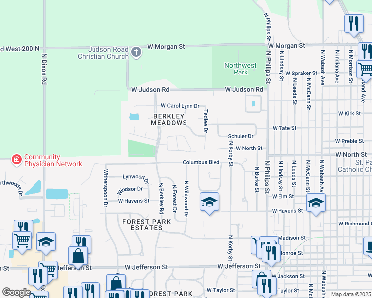 map of restaurants, bars, coffee shops, grocery stores, and more near 1722 Kensington on Berkley in Kokomo