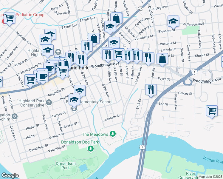 map of restaurants, bars, coffee shops, grocery stores, and more near 278 South 10th Avenue in Highland Park
