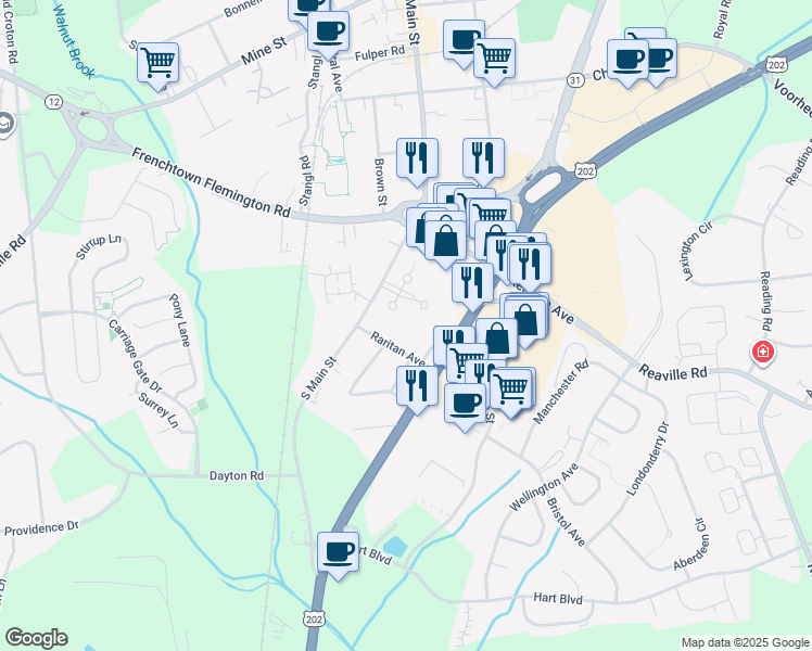 map of restaurants, bars, coffee shops, grocery stores, and more near 7 Raritan Avenue in Flemington