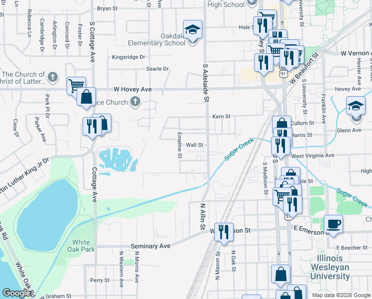 map of restaurants, bars, coffee shops, grocery stores, and more near 1209 Wall Street in Normal