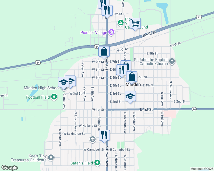 map of restaurants, bars, coffee shops, grocery stores, and more near Nebraska 10 in Minden
