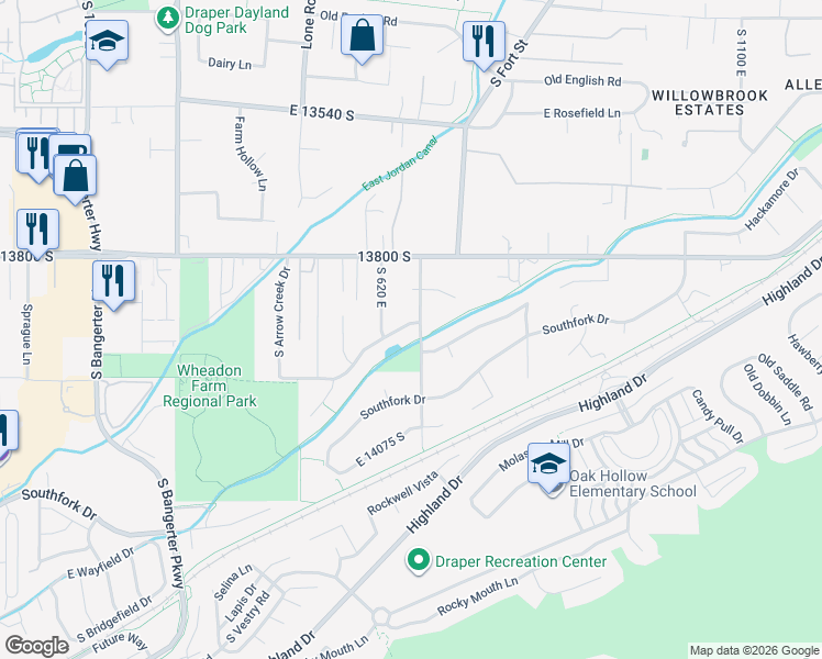 map of restaurants, bars, coffee shops, grocery stores, and more near 652 East 13970 South in Draper