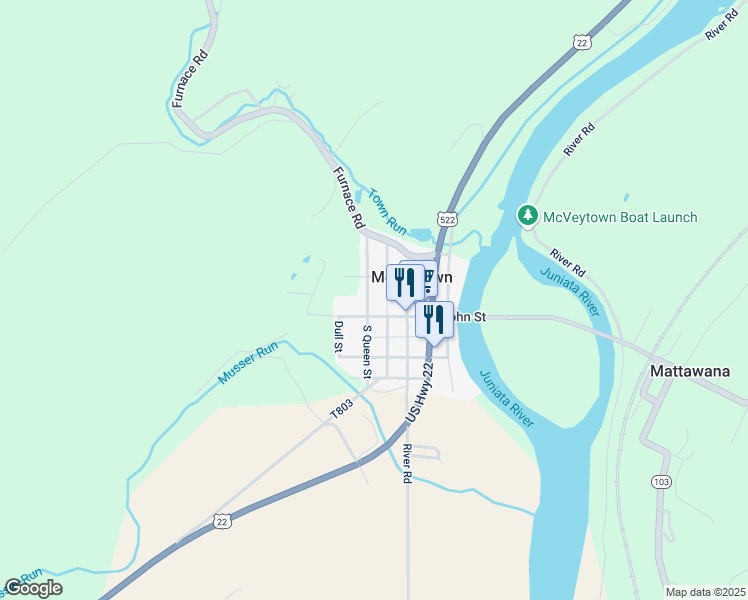 map of restaurants, bars, coffee shops, grocery stores, and more near 6 North Queen Street in McVeytown