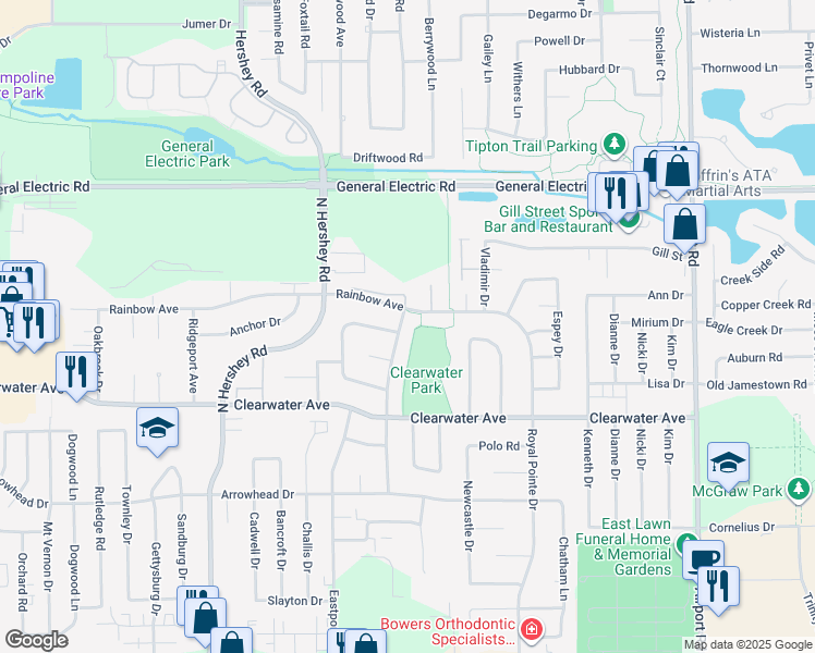 map of restaurants, bars, coffee shops, grocery stores, and more near 1427 Mill Creek Road in Bloomington
