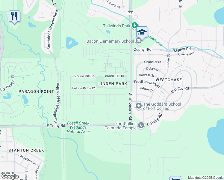 map of restaurants, bars, coffee shops, grocery stores, and more near 1939 Falcon Ridge Drive in Fort Collins