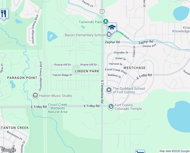 map of restaurants, bars, coffee shops, grocery stores, and more near 2027 Falcon Ridge Drive in Fort Collins