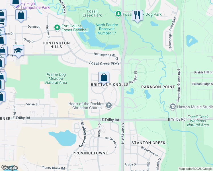 map of restaurants, bars, coffee shops, grocery stores, and more near 6300 Victoria Road in Fort Collins