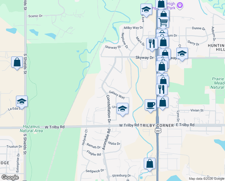 map of restaurants, bars, coffee shops, grocery stores, and more near 416 Galaxy Way in Fort Collins