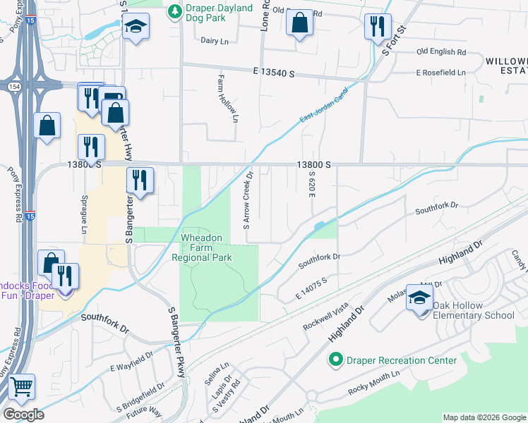 map of restaurants, bars, coffee shops, grocery stores, and more near 13923 South Arrow Creek Drive in Draper