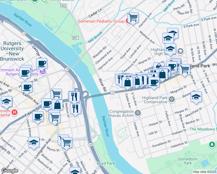 map of restaurants, bars, coffee shops, grocery stores, and more near 10 Lincoln Avenue in Highland Park