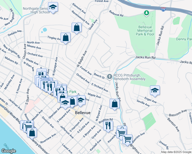 map of restaurants, bars, coffee shops, grocery stores, and more near 13 East Forest Avenue in Pittsburgh