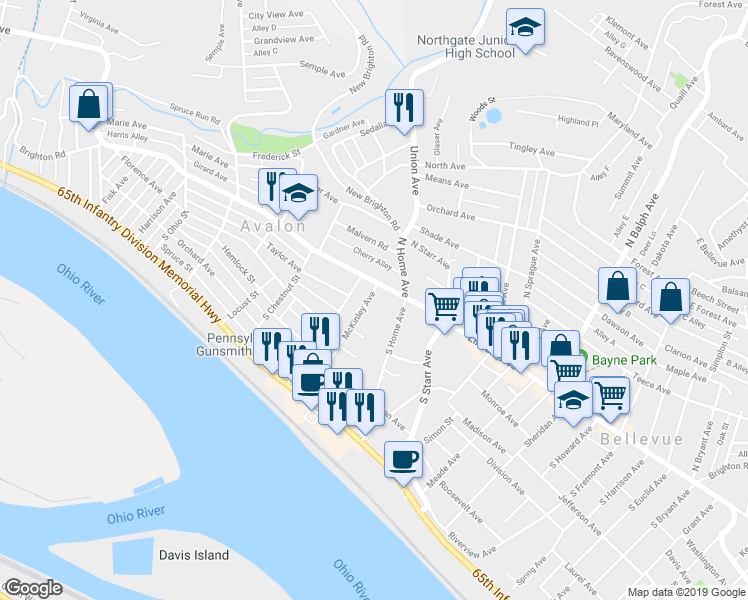 map of restaurants, bars, coffee shops, grocery stores, and more near 936-938 California Avenue in Avalon