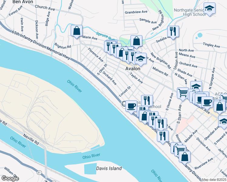 map of restaurants, bars, coffee shops, grocery stores, and more near 711 Ohio River Boulevard in Pittsburgh