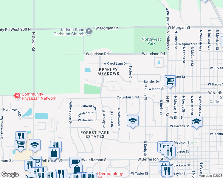 map of restaurants, bars, coffee shops, grocery stores, and more near 1814 Kensington on Berkley in Kokomo